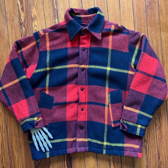 💀 SOLD 💀 Vintage 60s Maine Guide Wool Sherpa Lined Plaid Flannel Jacket ~ L - Picture 4 of 8